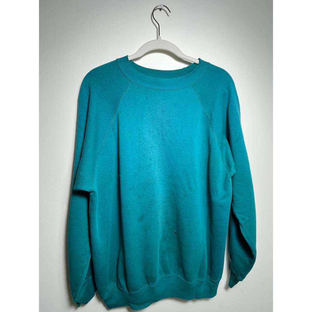 Vintage Hanes Sweatshirt Teal Blue Raglan Made in USA Distressed Crewneck